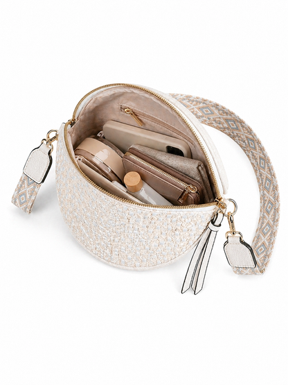 Grand sac banane femme blanc effet paille Bandoulière large - Porte-monnaie inclus