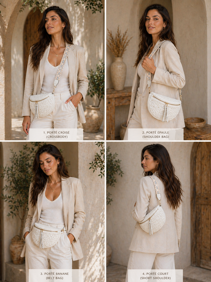 Grand sac banane femme blanc effet paille Bandoulière large - Porte-monnaie inclus