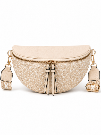Grand sac banane femme Beige clair effet paille Bandoulière large - Porte-monnaie inclus