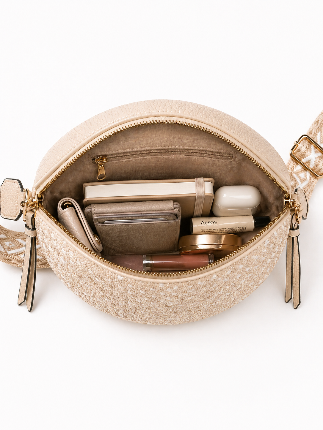 Grand sac banane femme Beige clair effet paille Bandoulière large - Porte-monnaie inclus