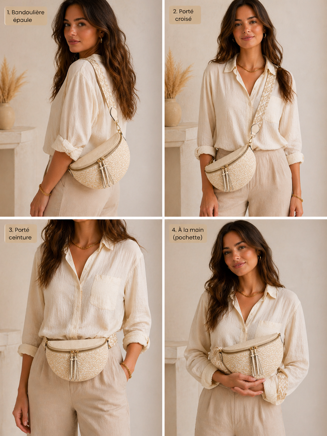 Grand sac banane femme Beige clair effet paille Bandoulière large - Porte-monnaie inclus