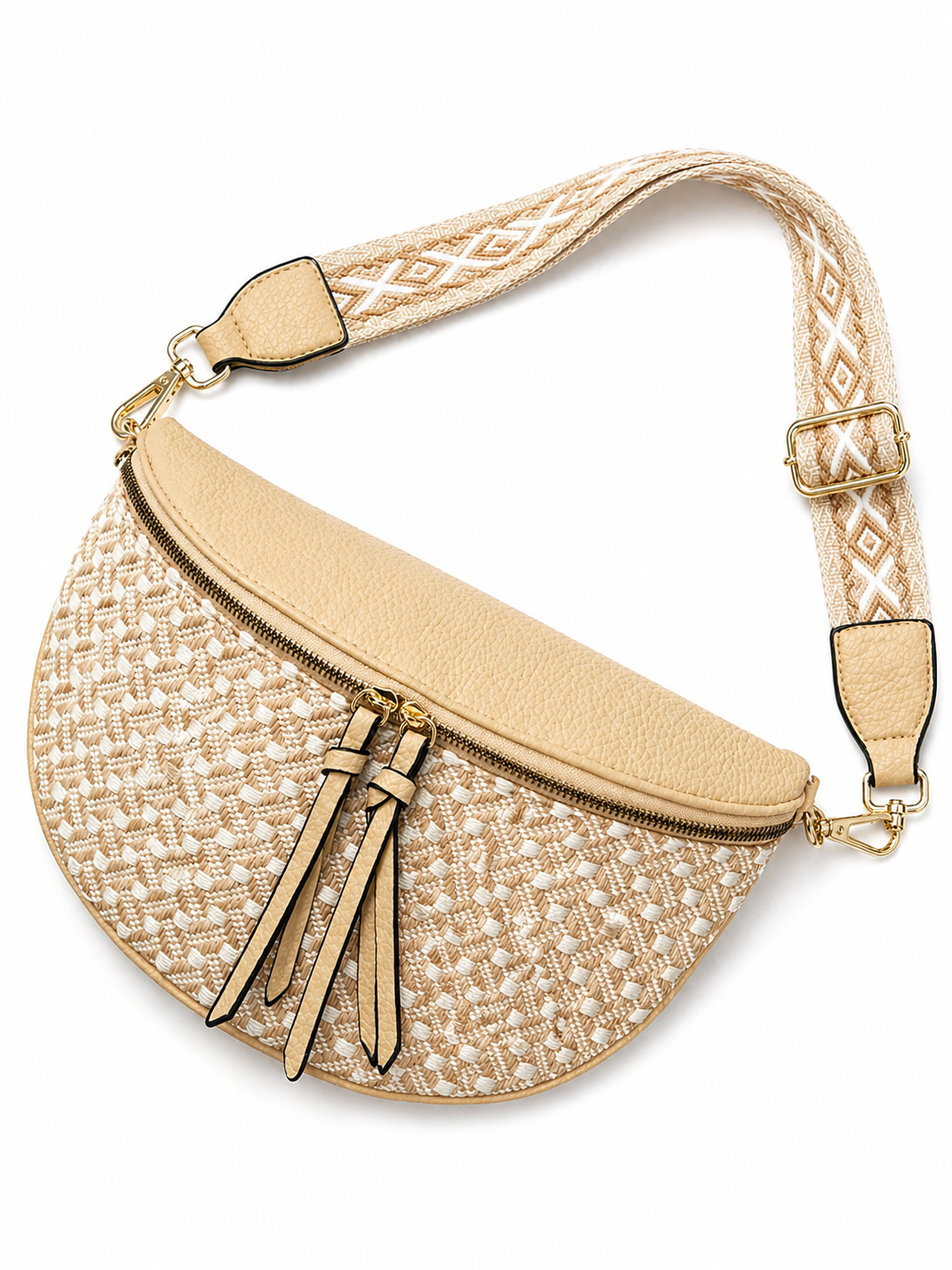 Grand sac banane femme beige sablé effet paille Bandoulière large - Porte-monnaie inclus