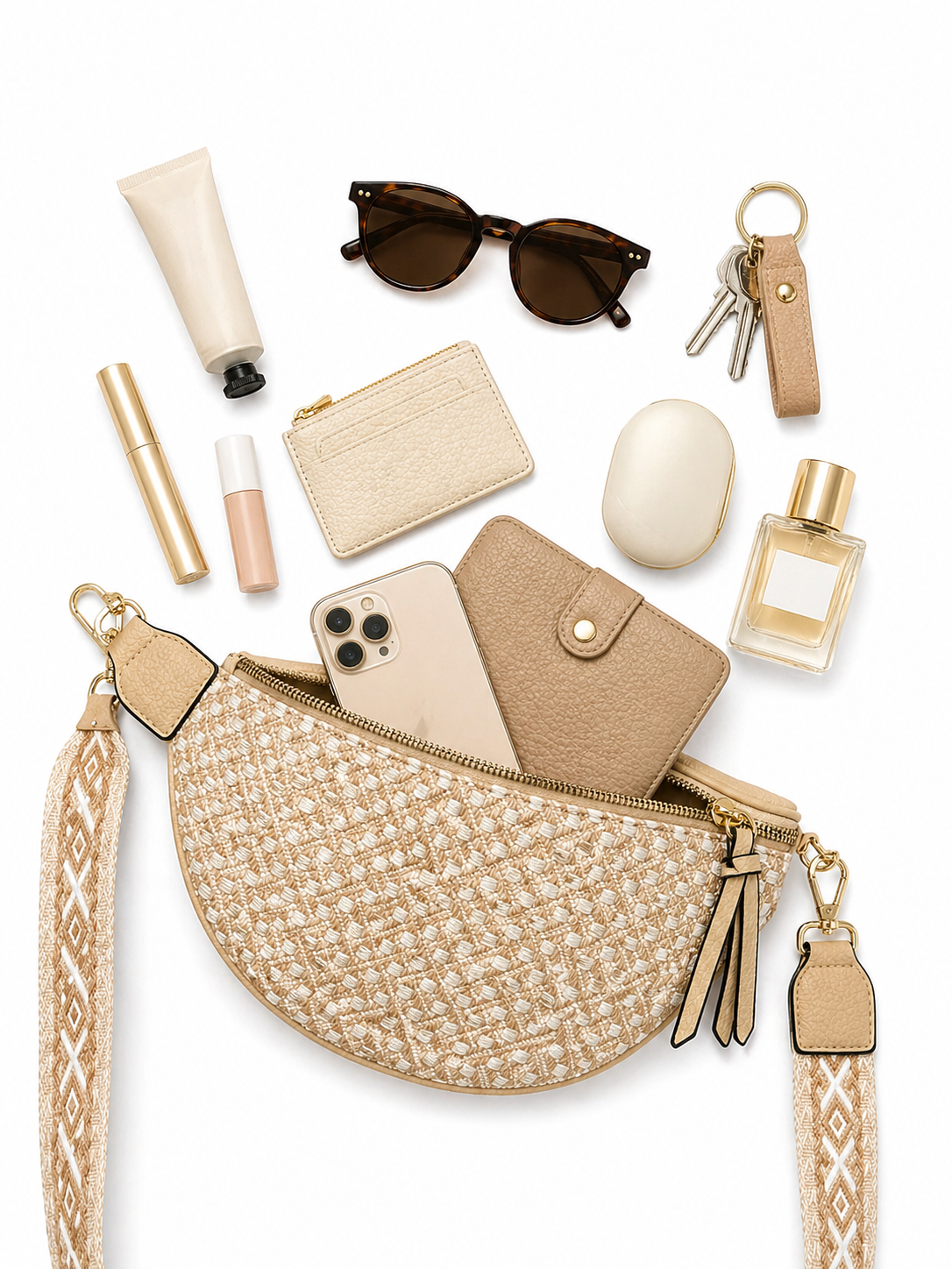 Grand sac banane femme beige sablé effet paille Bandoulière large - Porte-monnaie inclus
