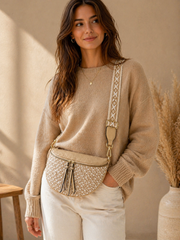 Grand Sac Banane Bi-matière pour Femme – Bandoulière Ajustable, Porte-monnaie Inclus Beige sablé
