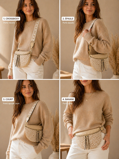 Grand sac banane femme beige sablé effet paille Bandoulière large - Porte-monnaie inclus