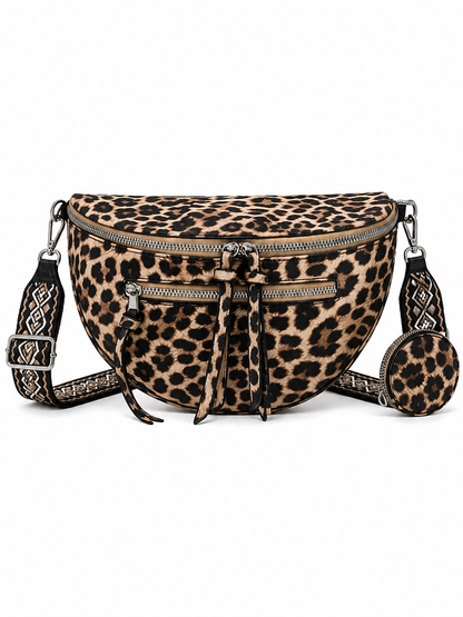 Grand sac banane femme marron clair imprimé léopard Bandoulière large - Porte-monnaie inclus