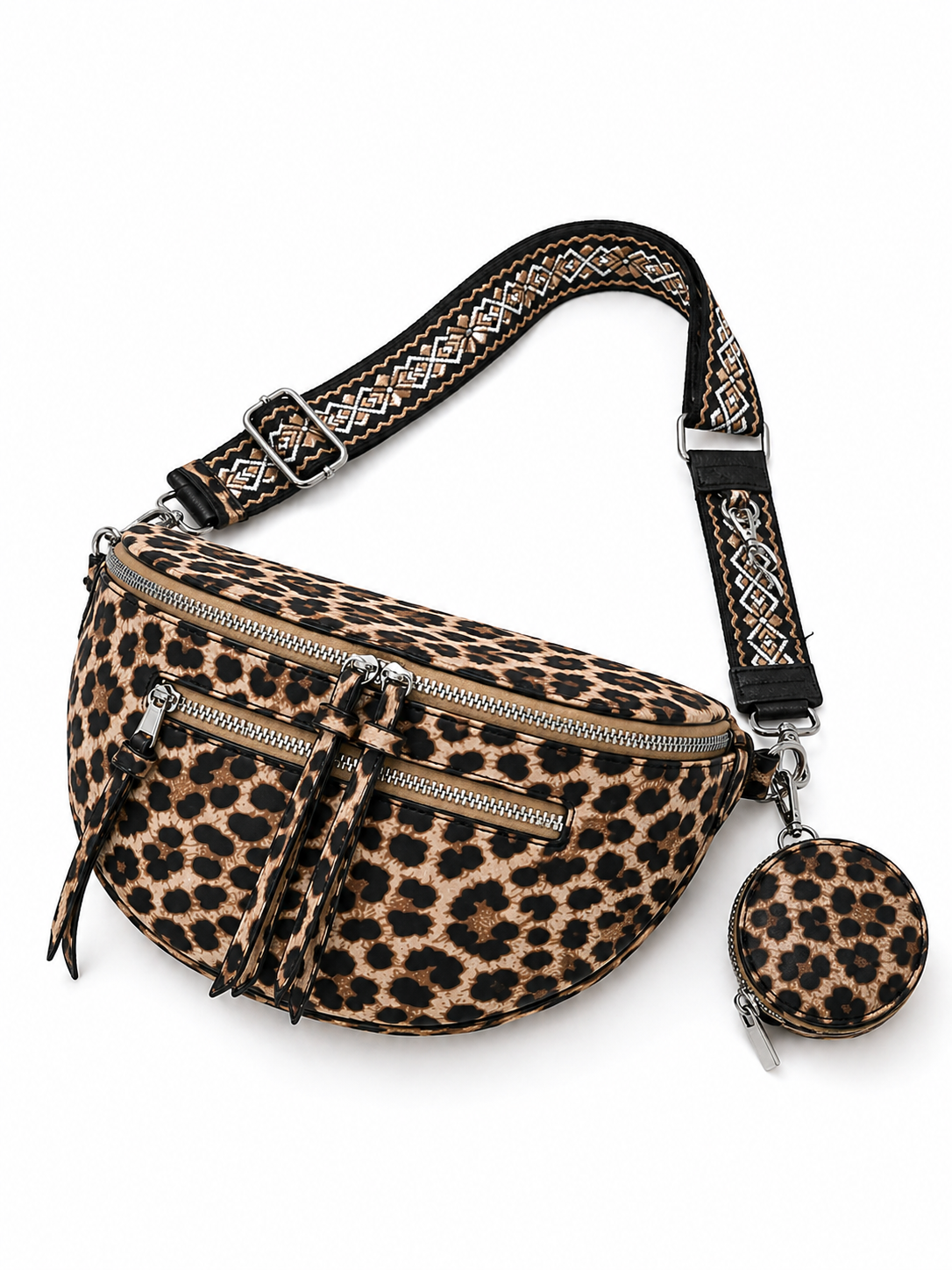 Grand sac banane femme marron clair imprimé léopard Bandoulière large - Porte-monnaie inclus