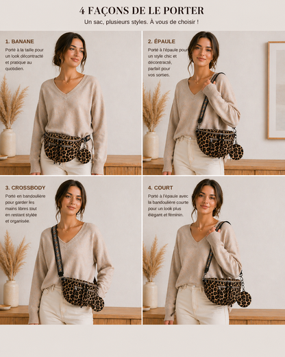 Grand sac banane femme marron clair imprimé léopard Bandoulière large - Porte-monnaie inclus