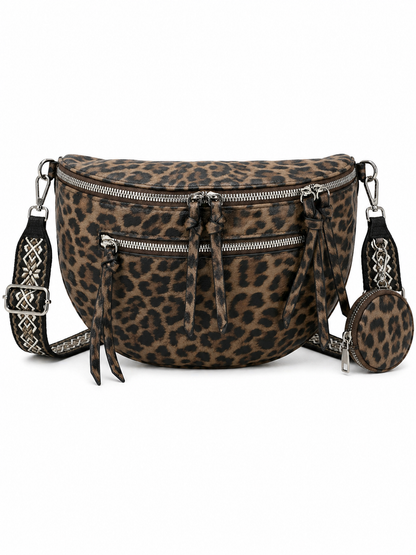 Grand sac banane femme marron foncé imprimé léopard Bandoulière large - Porte-monnaie inclus