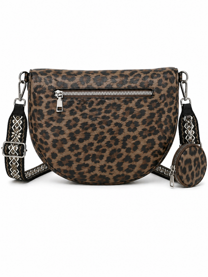 Grand sac banane femme marron foncé imprimé léopard Bandoulière large - Porte-monnaie inclus