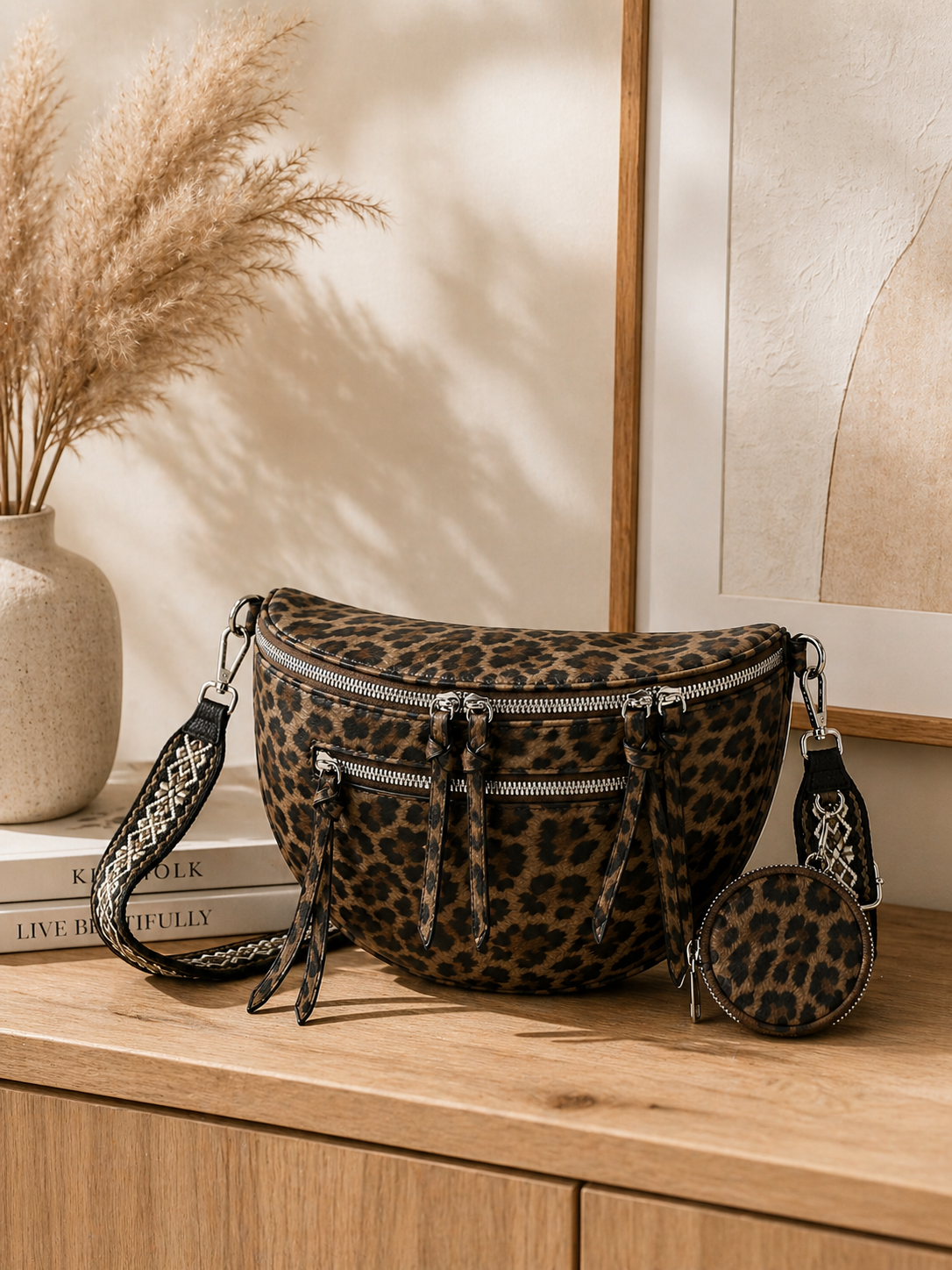 Grand sac banane femme marron foncé imprimé léopard Bandoulière large - Porte-monnaie inclus