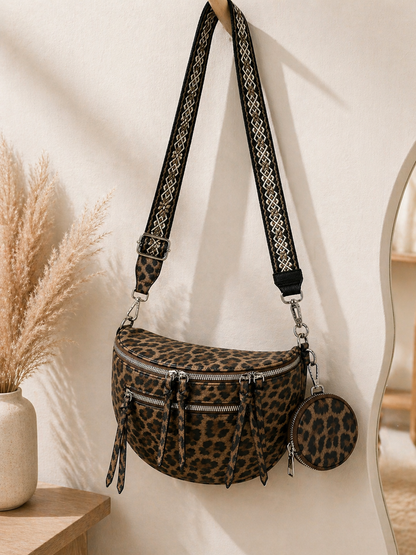 Grand sac banane femme marron foncé imprimé léopard Bandoulière large - Porte-monnaie inclus