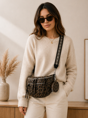 Grand Sac Banane léopard pour Femme  – Bandoulière Ajustable, Porte-monnaie Inclus Marron foncé