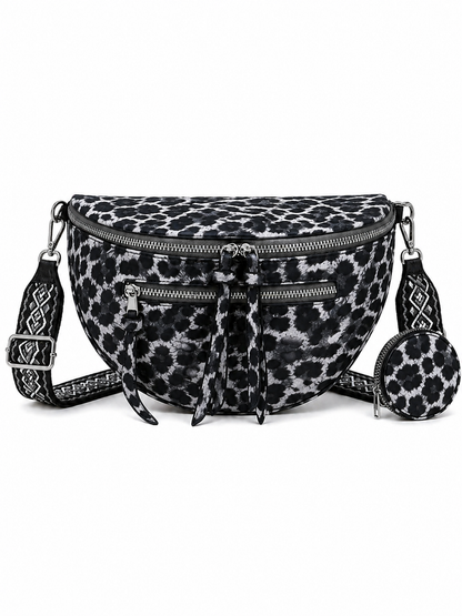 Grand sac banane femme noir imprimé léopard Bandoulière large - Porte-monnaie inclus
