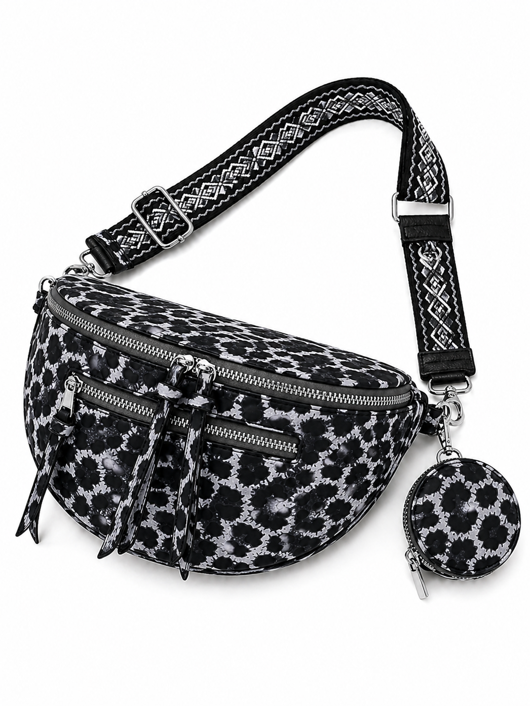 Grand sac banane femme noir imprimé léopard Bandoulière large - Porte-monnaie inclus