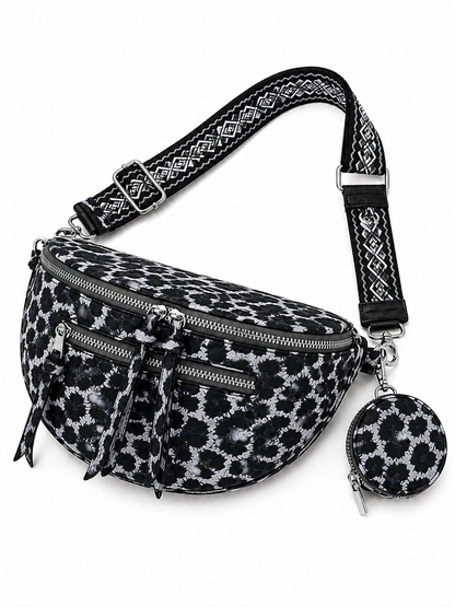 Grand sac banane femme noir imprimé léopard Bandoulière large - Porte-monnaie inclus