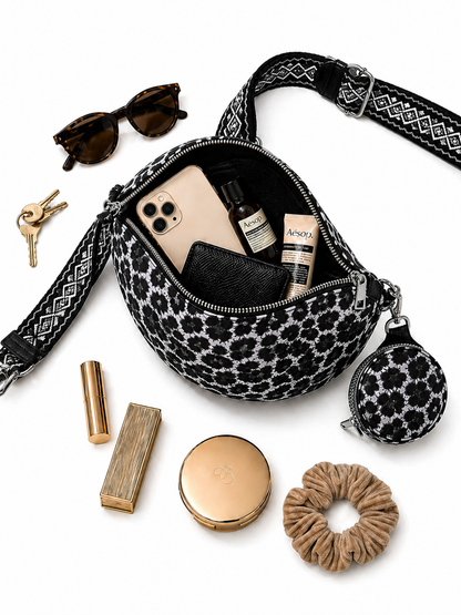 Grand sac banane femme noir imprimé léopard Bandoulière large - Porte-monnaie inclus