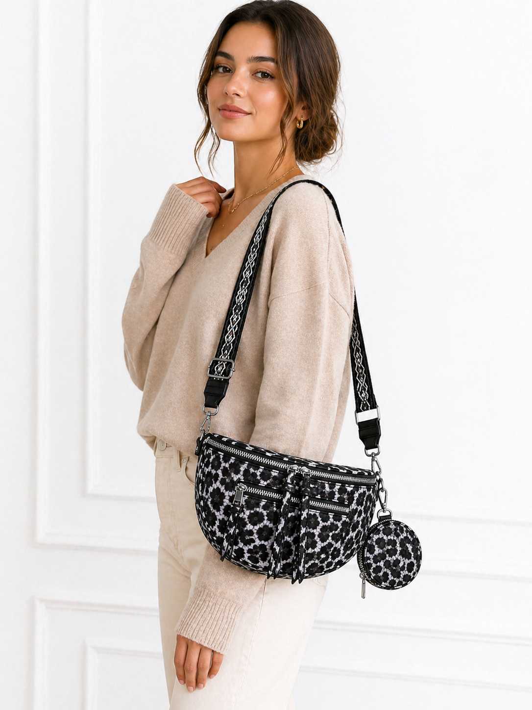 Grand sac banane femme noir imprimé léopard Bandoulière large - Porte-monnaie inclus