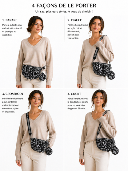 Grand sac banane femme noir imprimé léopard Bandoulière large - Porte-monnaie inclus