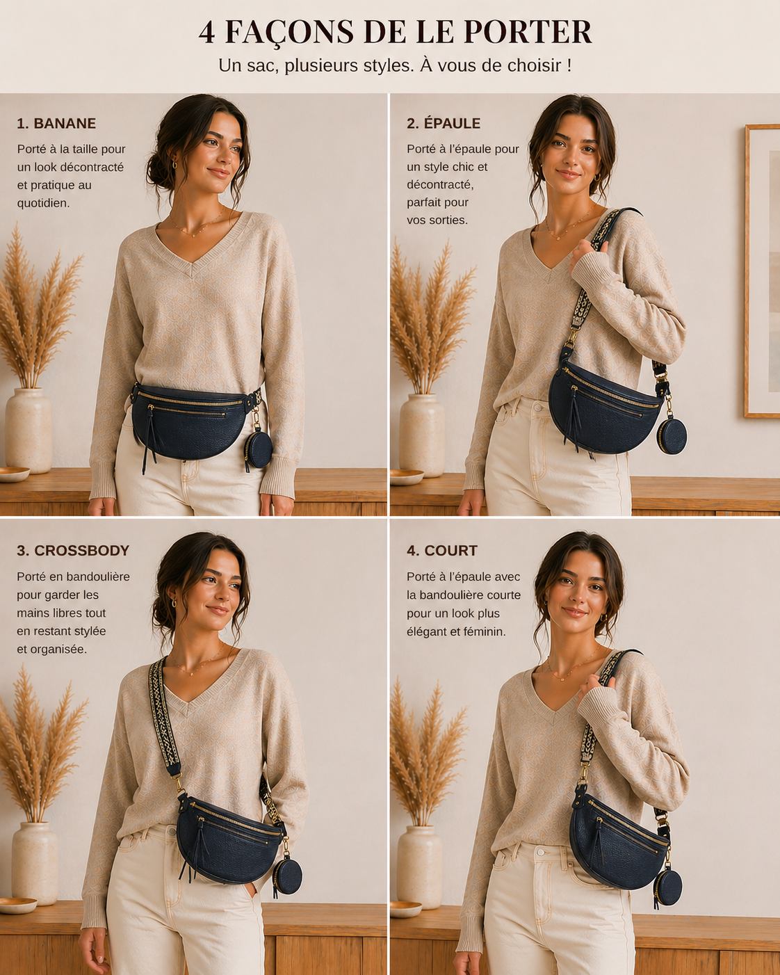 Grand sac banane femme cuir bleu marine Bandoulière large - Porte-monnaie inclus