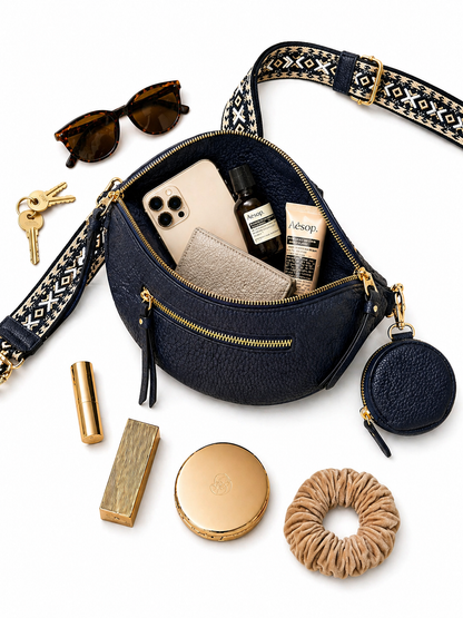 Grand sac banane femme cuir bleu marine Bandoulière large - Porte-monnaie inclus
