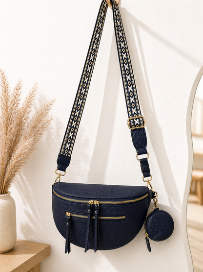 Grand sac banane femme cuir bleu marine Bandoulière large - Porte-monnaie inclus
