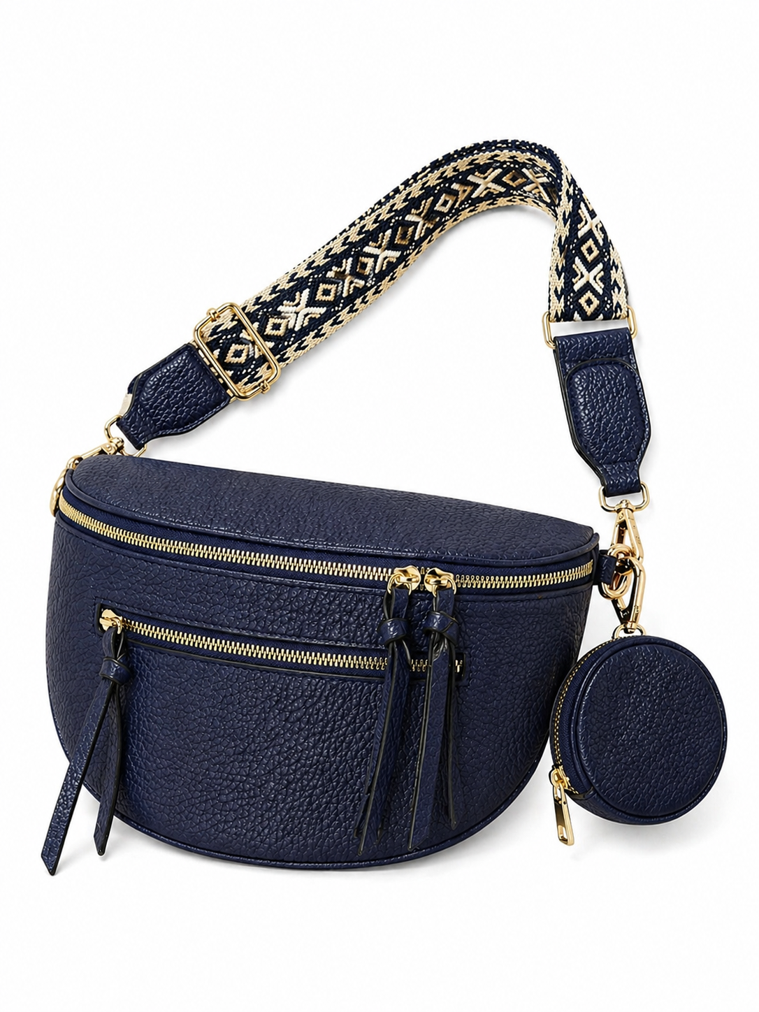 Grand sac banane femme cuir bleu marine Bandoulière large - Porte-monnaie inclus