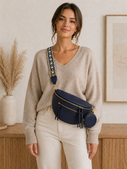 Grand Sac Banane Femme en cuir synthétique – Bandoulière Ajustable, Porte-monnaie Inclus Bleu marine