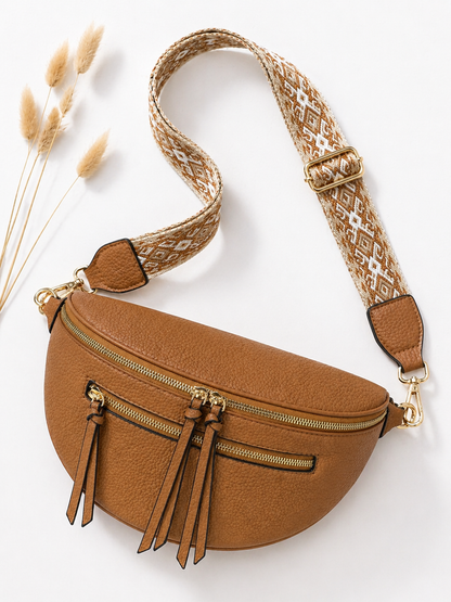 Grand sac banane femme Cuir marron Bandoulière large - Porte-monnaie inclus