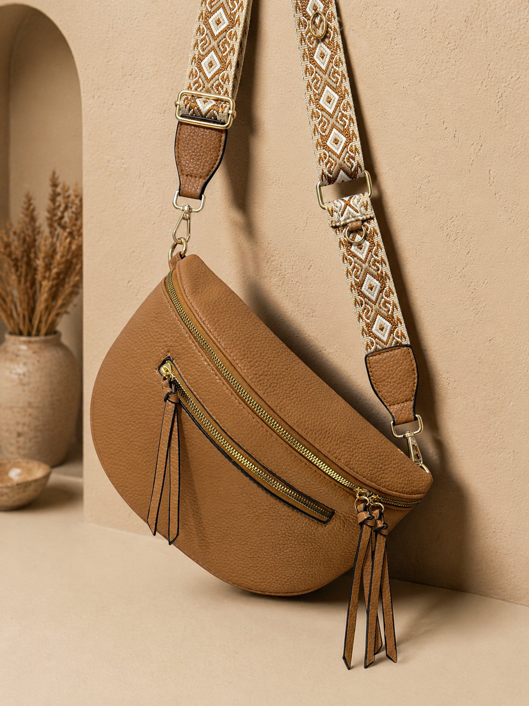 Grand sac banane femme Cuir marron Bandoulière large - Porte-monnaie inclus
