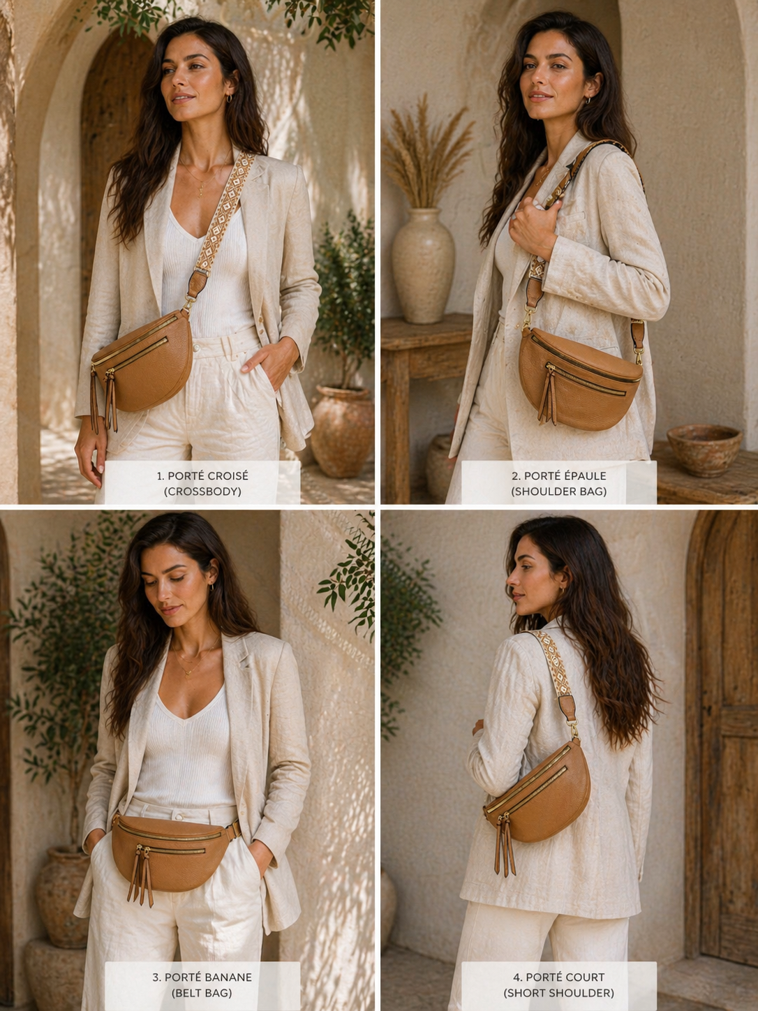 Grand sac banane femme Cuir marron Bandoulière large - Porte-monnaie inclus