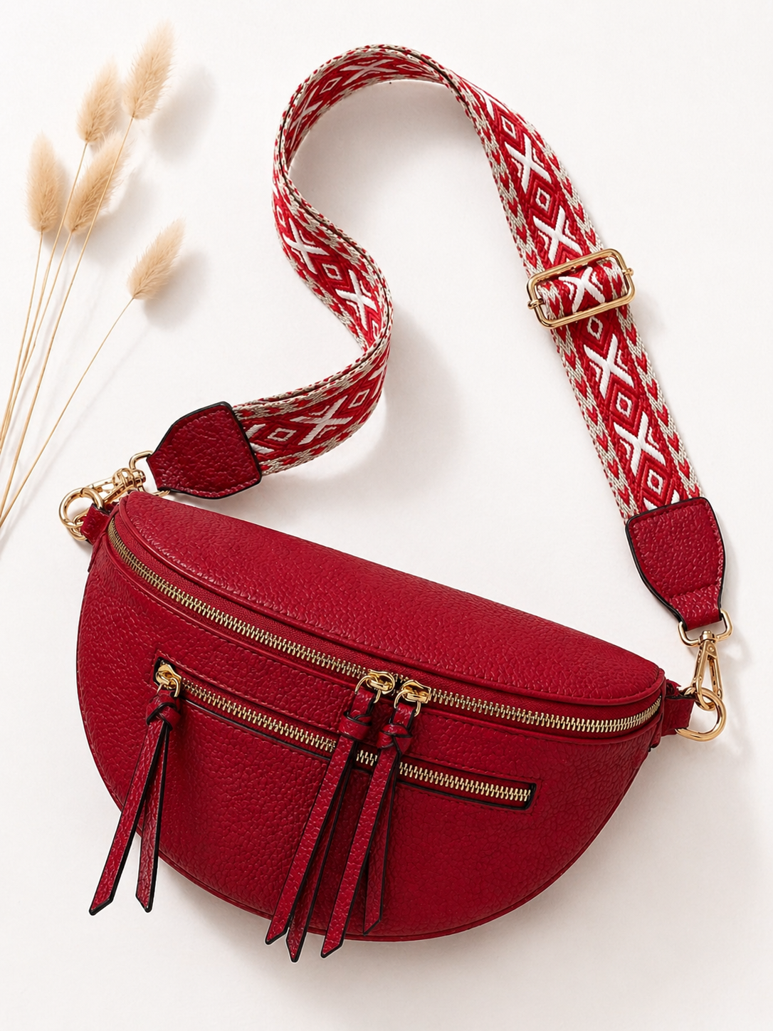 Grand sac banane femme cuir bordeaux Bandoulière large - Porte-monnaie inclus