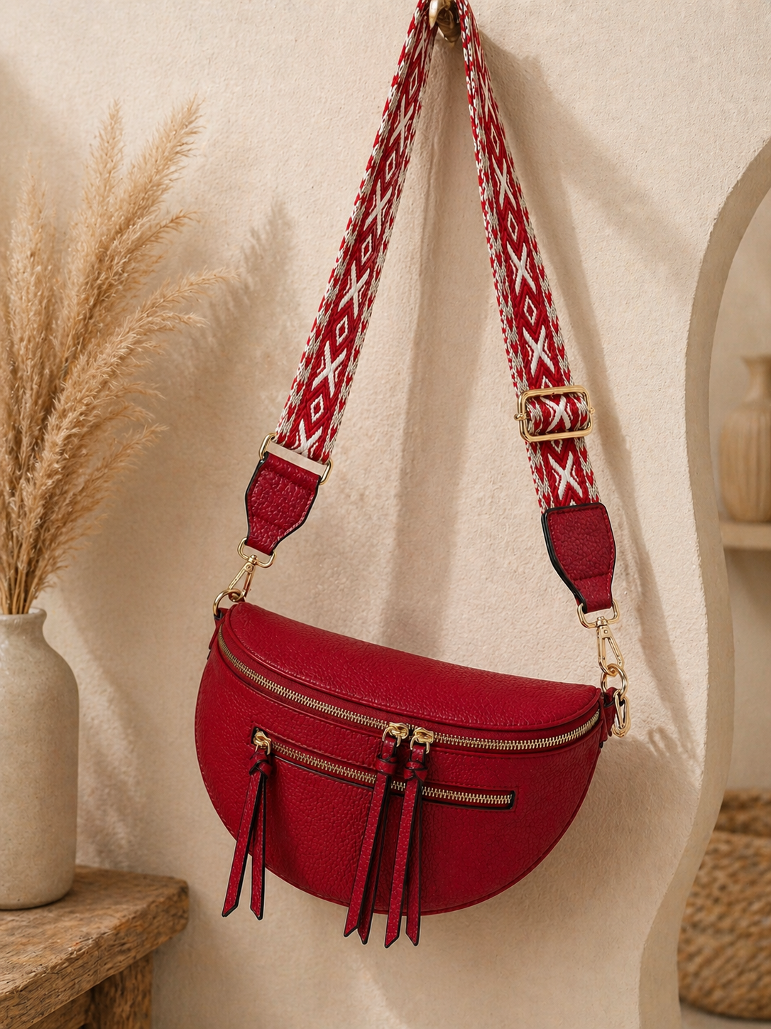Grand sac banane femme cuir bordeaux Bandoulière large - Porte-monnaie inclus