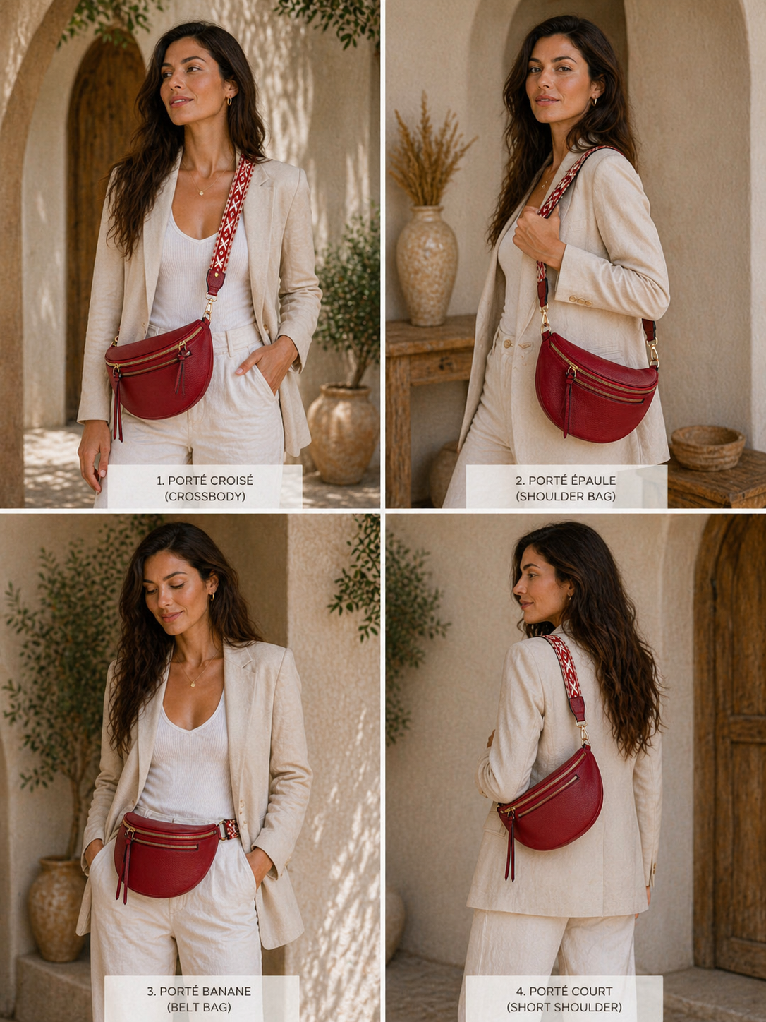 Grand sac banane femme cuir bordeaux Bandoulière large - Porte-monnaie inclus