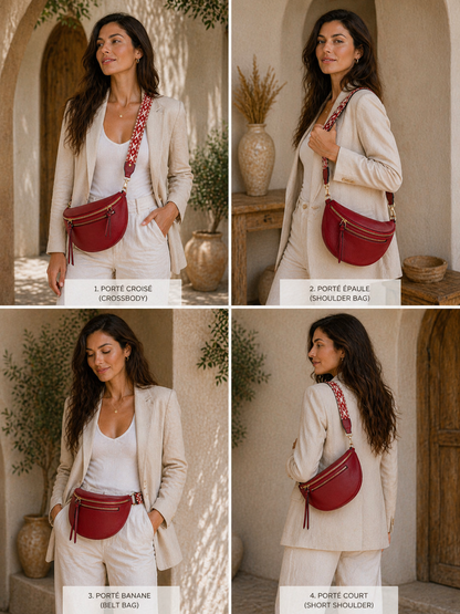 Grand sac banane femme cuir bordeaux Bandoulière large - Porte-monnaie inclus
