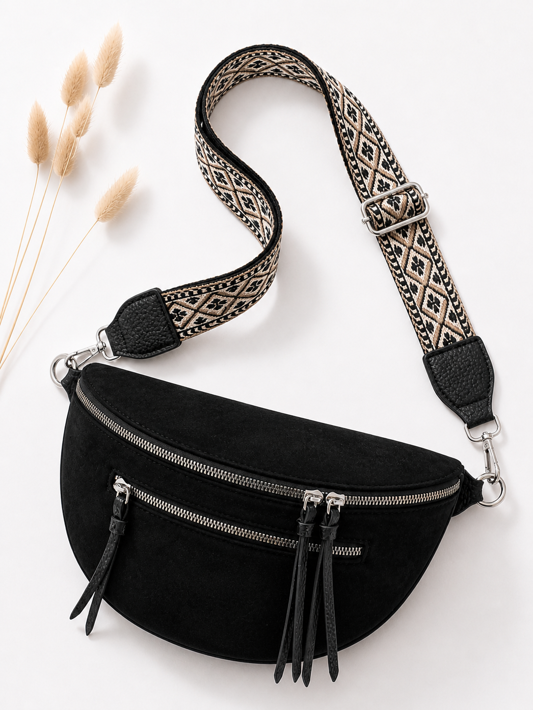 Grand sac banane femme Daim noir Bandoulière large - Porte-monnaie inclus