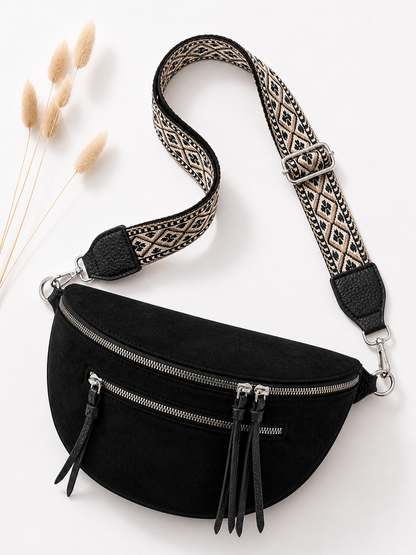 Grand sac banane femme Daim noir Bandoulière large - Porte-monnaie inclus