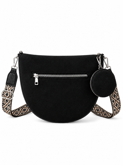Grand sac banane femme Daim noir Bandoulière large - Porte-monnaie inclus