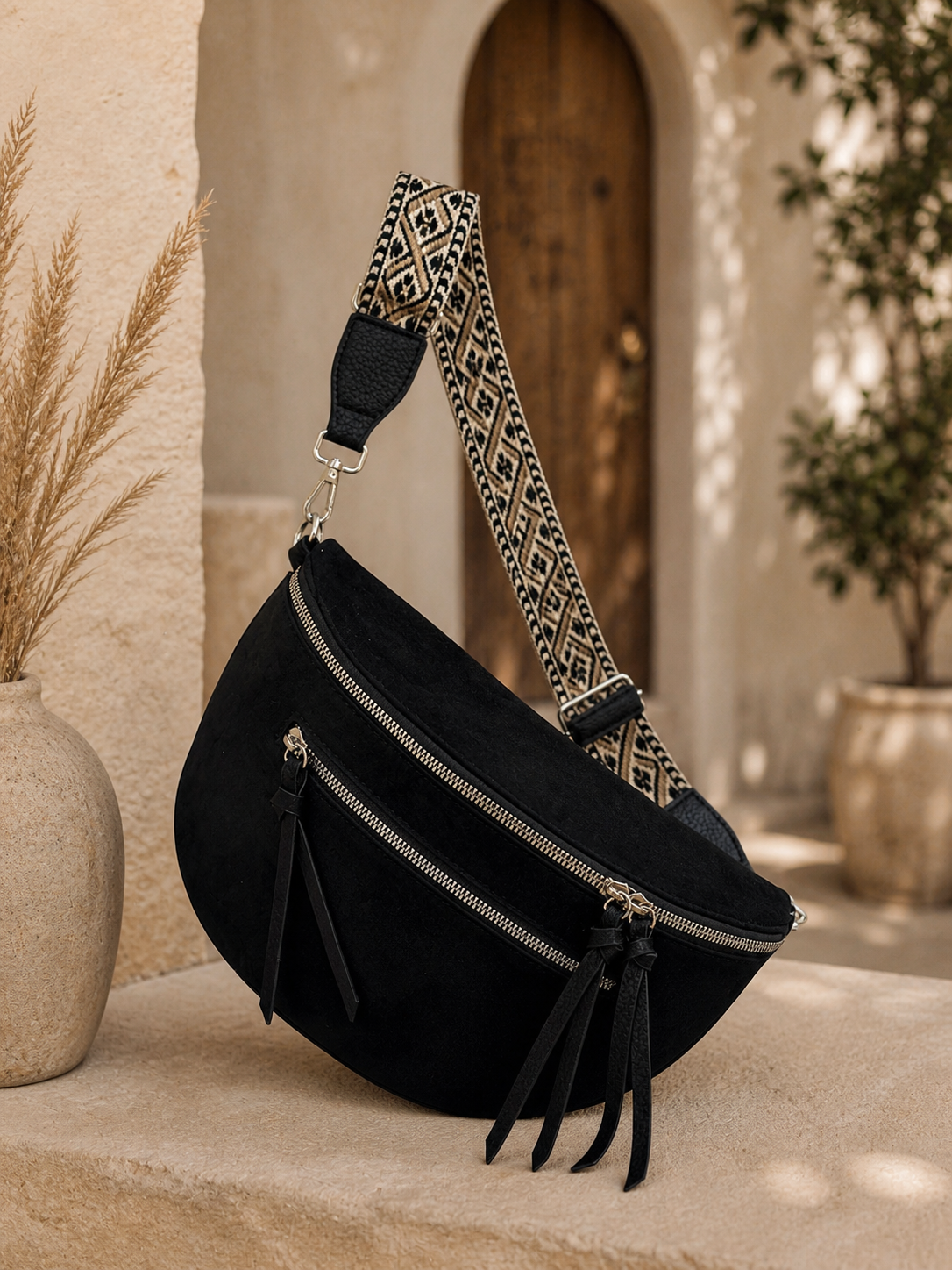 Grand sac banane femme Daim noir Bandoulière large - Porte-monnaie inclus