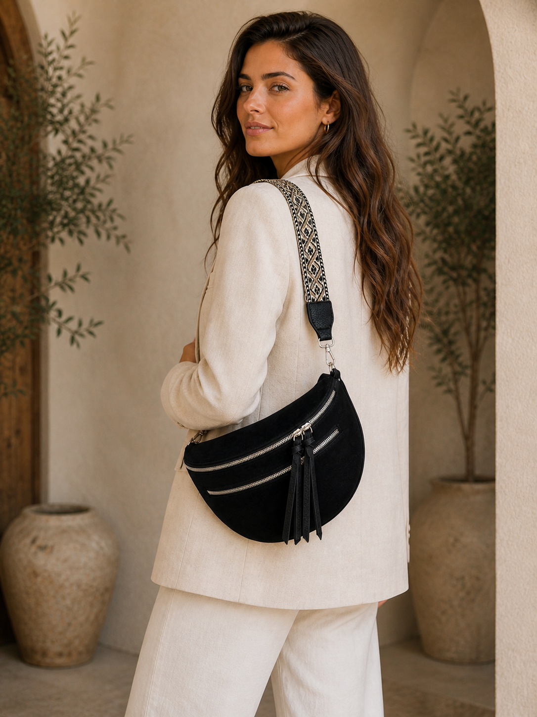 Grand sac banane femme Daim noir Bandoulière large - Porte-monnaie inclus