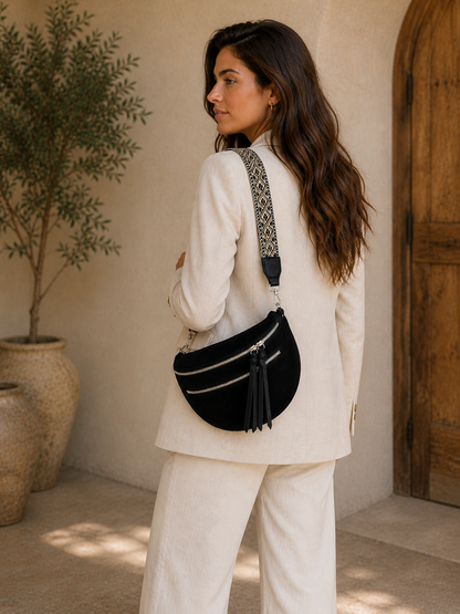 Grand sac banane femme Daim noir Bandoulière large - Porte-monnaie inclus