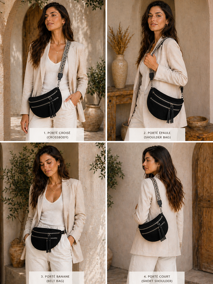 Grand sac banane femme Daim noir Bandoulière large - Porte-monnaie inclus
