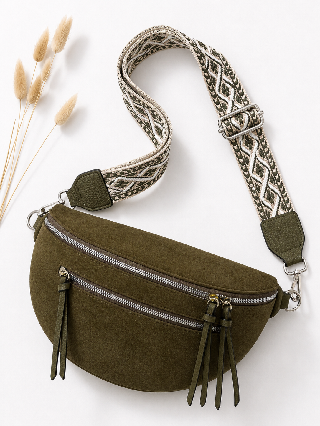 Grand sac banane femme daim vert kaki Bandoulière large - Porte-monnaie inclus