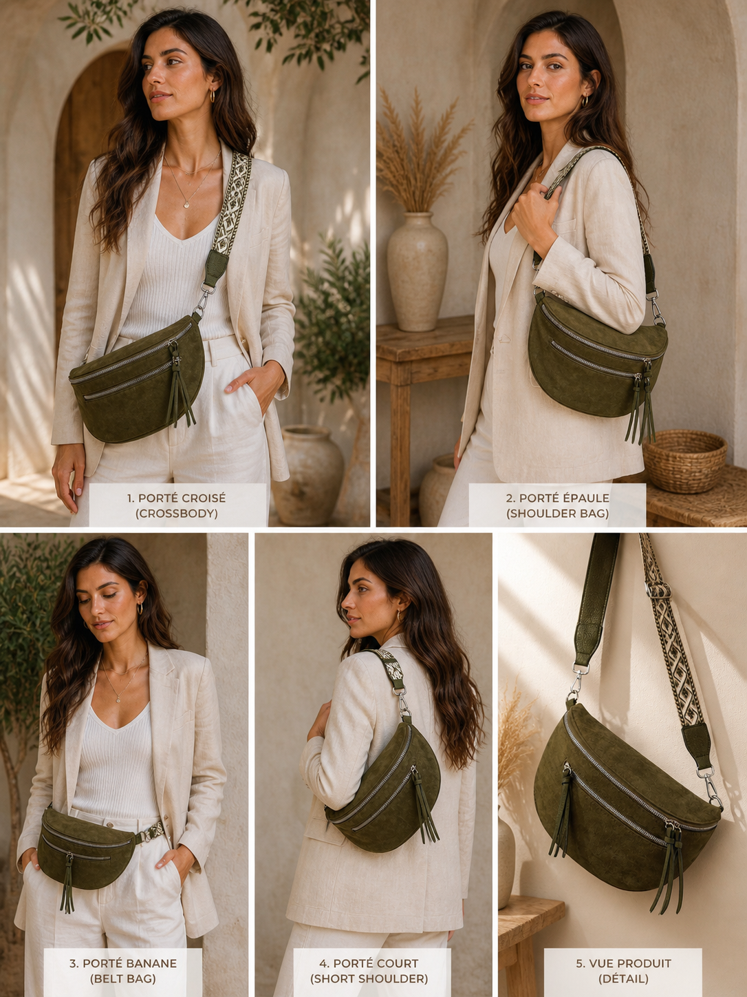 Grand sac banane femme daim vert kaki Bandoulière large - Porte-monnaie inclus