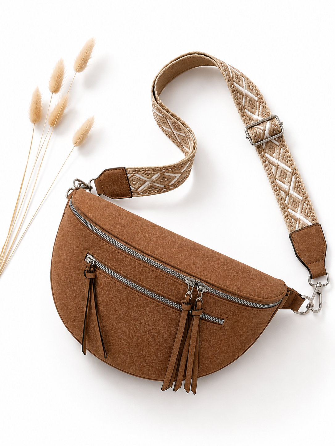 Grand Sac Banane Femme en Daim synthétique – Bandoulière Ajustable, Porte-monnaie Inclus Beige maronné