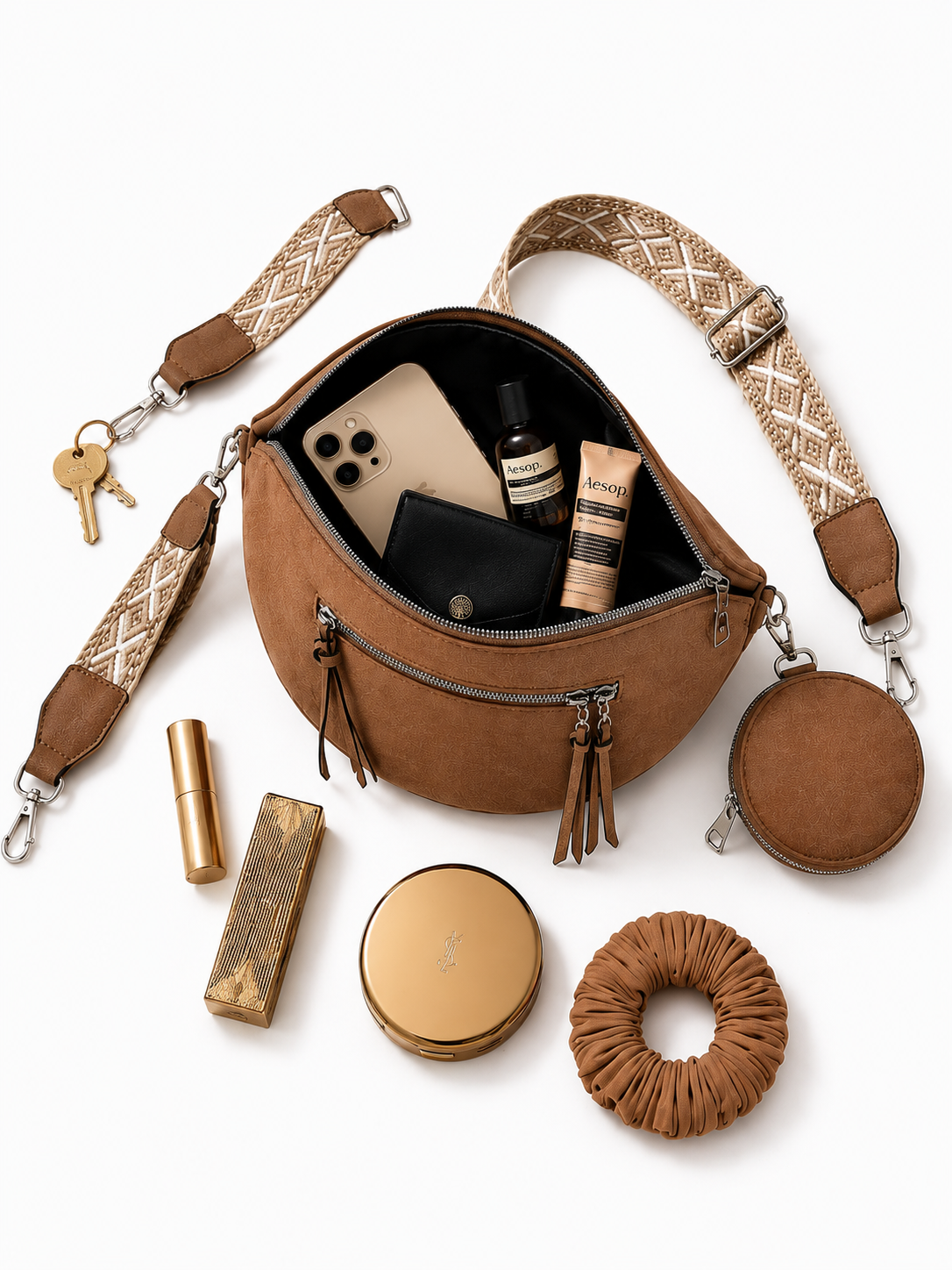 Grand Sac Banane Femme en Daim synthétique – Bandoulière Ajustable, Porte-monnaie Inclus Beige maronné