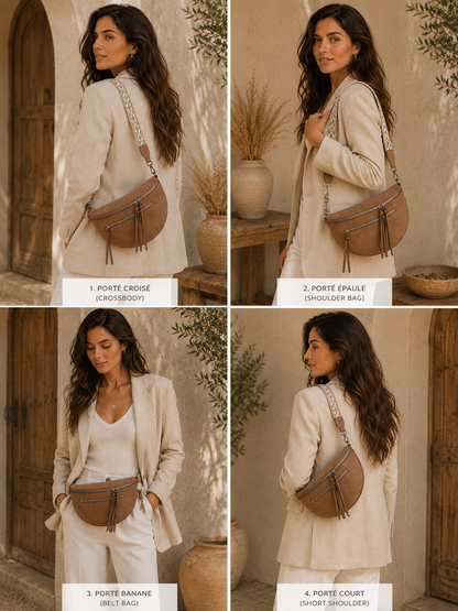 Grand Sac Banane Femme en Daim synthétique – Bandoulière Ajustable, Porte-monnaie Inclus Beige maronné