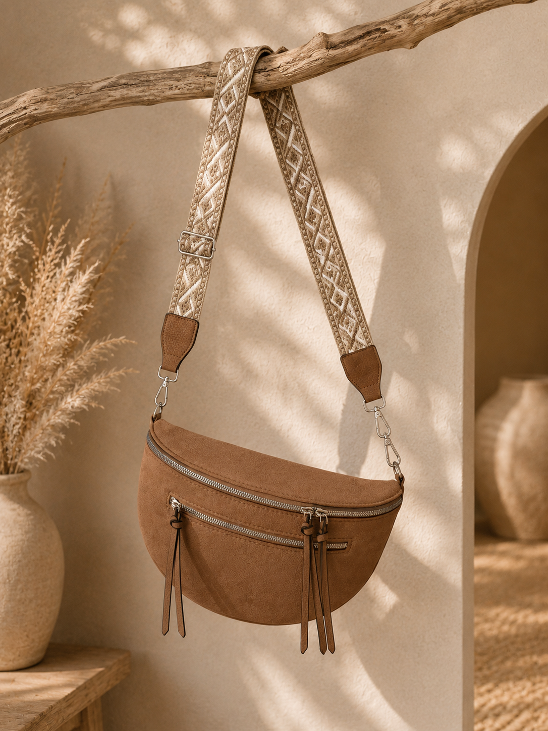 Grand Sac Banane Femme en Daim synthétique – Bandoulière Ajustable, Porte-monnaie Inclus Beige maronné