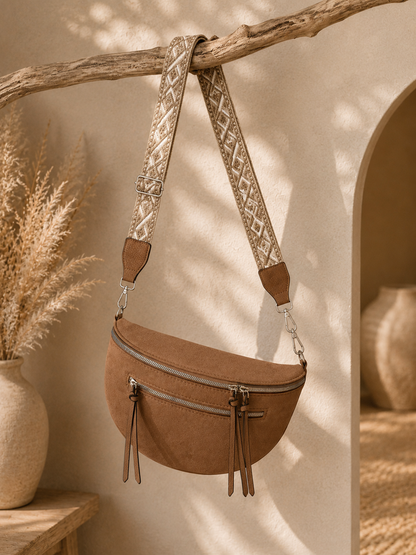 Grand Sac Banane Femme en Daim synthétique – Bandoulière Ajustable, Porte-monnaie Inclus Beige maronné