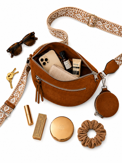 Grand sac banane femme daim camel Bandoulière large - Porte-monnaie inclus